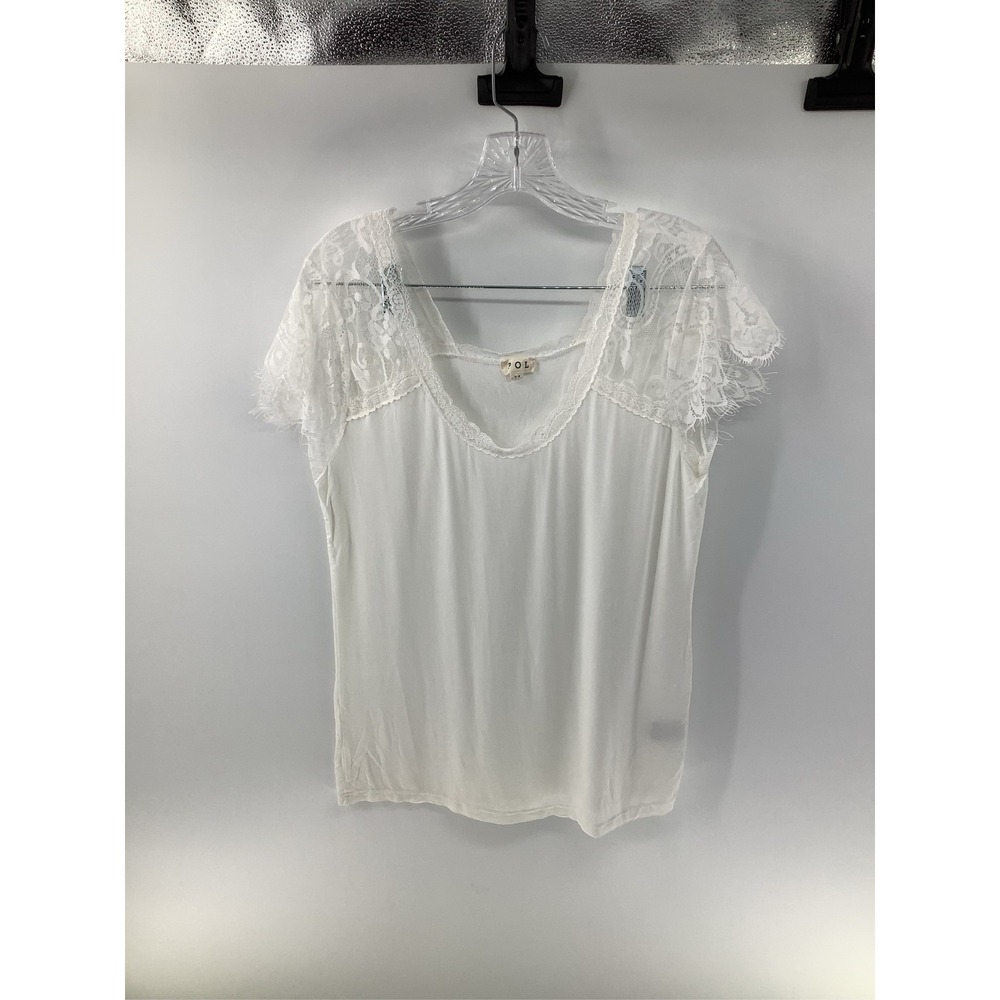 POL Womens White Lace Trim V-Neck Short Sleeve Knit Top Medium Boho Romantic - Picture 3 of 3